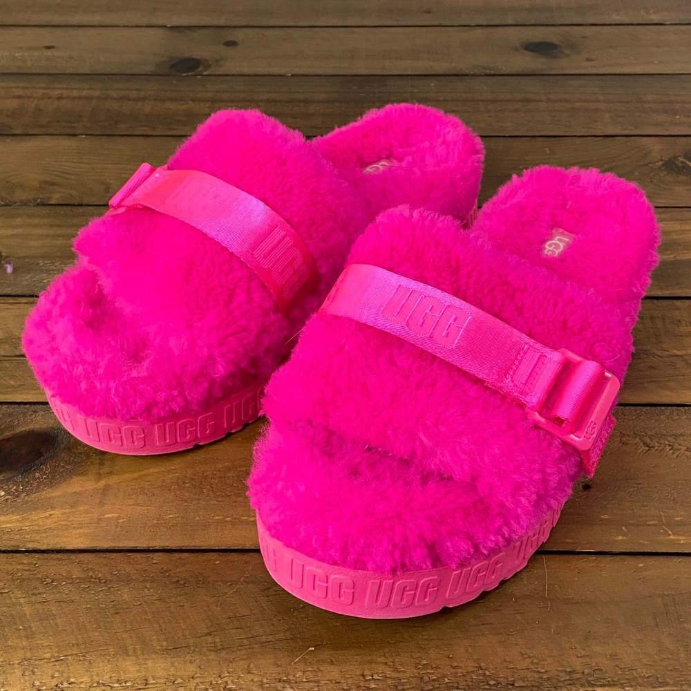 UGG Fluffita Rock Rose Pink Sheepskin Platform Buckle Slide Slippers 1113428